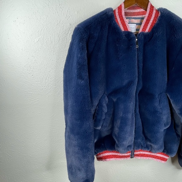Noble 31 Faux Fur Navy Blue Bomber Sparkle Trim Pink Res Jacket Eras Outfit XS - Picture 5 of 9